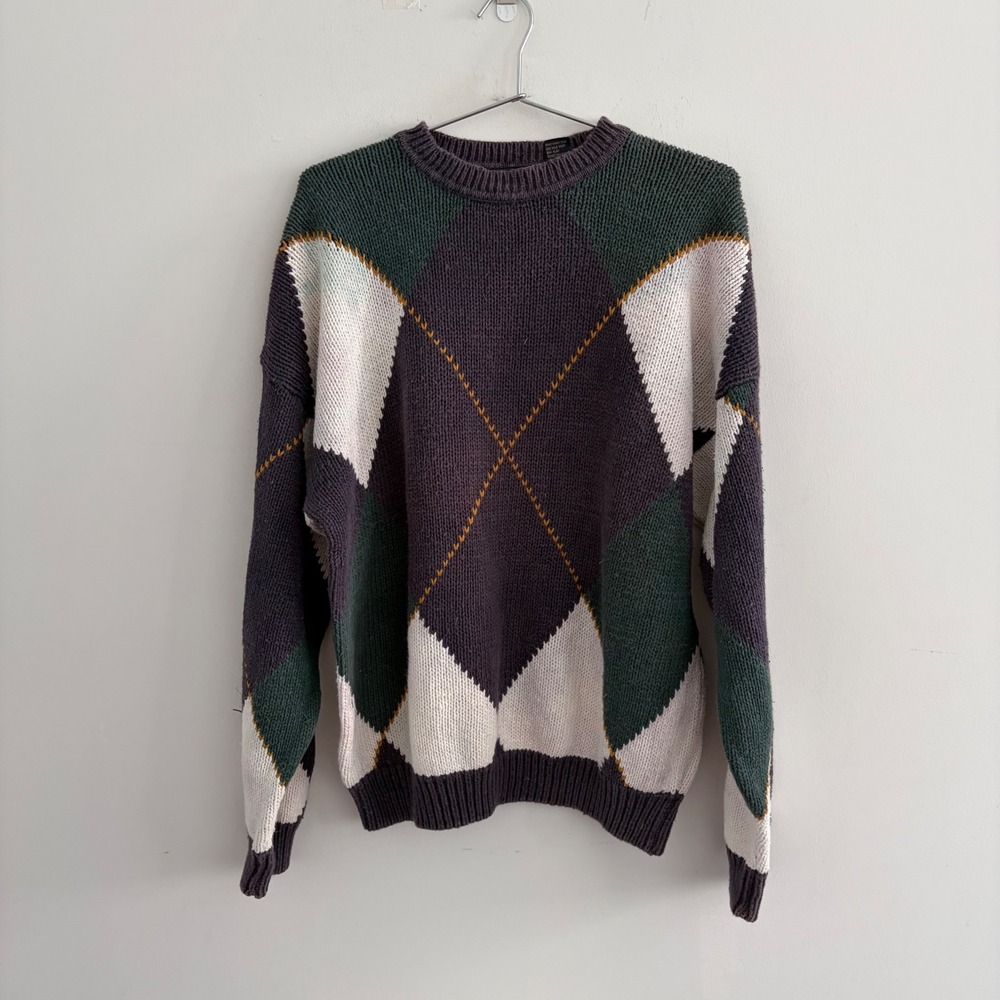 New River for J. Riggins Vintage Argyle Knit Sweater Mens Large Purple Green